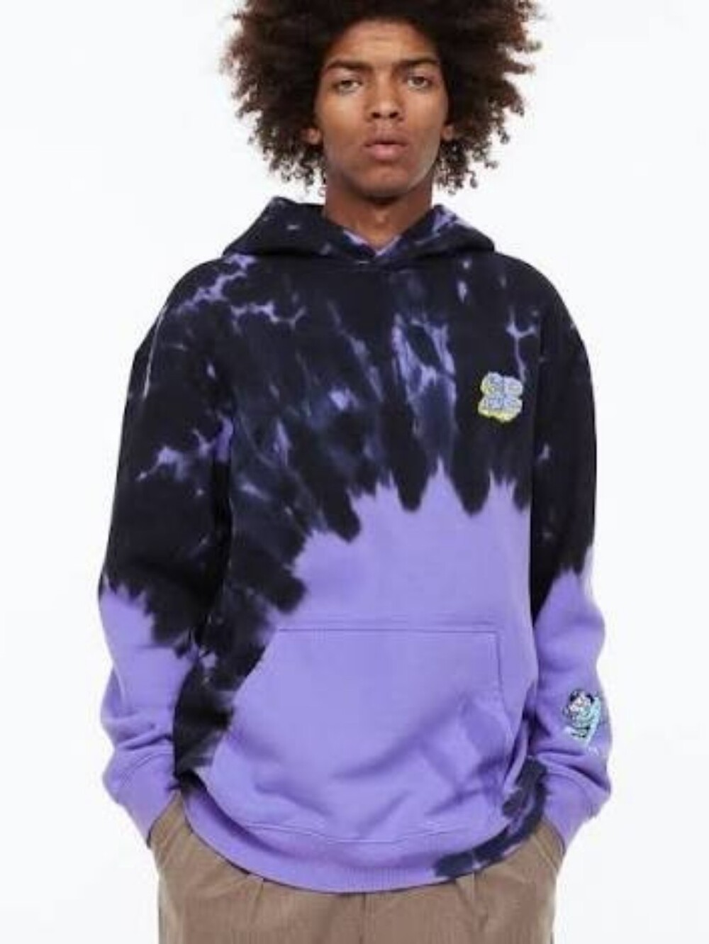 NEW H&M Mens Purple Black Tie-Dye Spongebob Hoodie Small